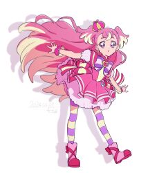 Rule 34 | 1girl, :o, blonde hair, bow, commentary, crown, cure wonderful, dated, dot nose, dress, dress bow, drop shadow, earrings, highres, inukai komugi, jewelry, layered dress, legs apart, long hair, looking at viewer, magical girl, multicolored hair, multicolored pantyhose, open mouth, pantyhose, pink dress, pink footwear, pink hair, pink wrist cuffs, precure, puffy short sleeves, puffy sleeves, purple eyes, short sleeves, signature, simple background, solo, striped clothes, striped pantyhose, thick eyebrows, two-tone hair, two-tone legwear, two side up, ueda hanako, walking, white background, wonderful precure!, wrist cuffs
