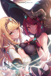 Rule 34 | 2girls, asymmetrical docking, bad id, bad pixiv id, black headwear, blonde hair, breast press, breasts, cleavage, closed mouth, dragon girl, dragon horns, dragon tail, dual persona, fantasy, female focus, hat, horns, large breasts, long hair, looking at viewer, matching hair/eyes, mitsu (mitsu art), multiple girls, mythra (xenoblade), nintendo, patreon username, pointy ears, pyra (xenoblade), red eyes, red hair, scales, short hair, simple background, tail, white background, witch hat, xenoblade chronicles (series), xenoblade chronicles 2, yellow eyes