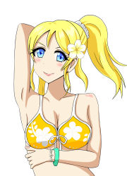 Rule 34 | 1girl, absurdres, arm over head, artist request, ayase eli, bangle, bare shoulders, bikini, blonde hair, blue eyes, blush, body blush, bori (artist), bracelet, breasts, cleavage, collarbone, dutch angle, female focus, floral print, flower, flower print, front-tie top, hair flower, hair ornament, hair scrunchie, high ponytail, highres, jewelry, long hair, looking at viewer, love live!, love live! school idol festival, love live! school idol project, medium breasts, nail polish, nails, navel, parted lips, partially submerged, pink nails, ponytail, scrunchie, see-through, short hair, side-tie bikini bottom, smile, solo, sparkle, standing, swimsuit, white background, white scrunchie, yellow bikini