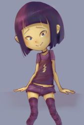 Rule 34 | 1girl, arms behind back, black shirt, blue background, blush, child, choker, collarbone, conoghi, looking at viewer, pumpkin reports, purple hair, purple shirt, purple shorts, purple thighhighs, shiny skin, shirt, short hair, short shorts, short sleeves, shorts, simple background, smile, solo, standing, striped clothes, striped thighhighs, teeth, thighhighs, violet violet