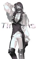 Rule 34 | 1girl, bang dream!, bang dream! it&#039;s mygo!!!!!, boots, dress shirt, gloves, greyscale, hand in own hair, highres, holding, holding whip, lace, long hair, long sleeves, looking at viewer, m omoo, mask, monochrome, mouth mask, pants, shirt, simple background, solo, thigh boots, vest, yahata umiri