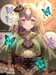 Rule 34 | 1girl, animal, animal ears, blush, brown eyes, brown hair, bug, butterfly, closed mouth, dress, frilled sleeves, frills, green dress, half updo, highres, horse ears, horse girl, insect, long hair, looking at viewer, nozomi fuuten, satono diamond (umamusume), sleeves past fingers, sleeves past wrists, smile, solo, umamusume, upper body