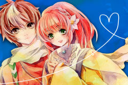 Rule 34 | 1boy, 1girl, bare shoulders, blue background, blush, brown hair, caius qualls, capelet, dress, flower, green eyes, long hair, multicolored hair, open mouth, pink hair, ponytail, rubia natwick, scarf, short hair, smile, tales of (series), tales of the tempest, yomo gigyoza