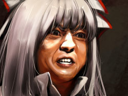 Rule 34 | 1girl, asutora, black eyes, bow, commentary request, fujiwara no mokou, grey background, hair bow, highres, long hair, portrait, real life, shirt, silver hair, solo, teeth, touhou, v-shaped eyebrows, white bow, white shirt, wing collar