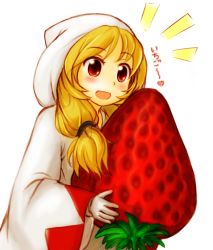 Rule 34 | 1girl, :d, ^^^, akikan (watashi no sekai), blonde hair, braid, final fantasy, final fantasy tactics, food, fruit, gloves, hood, long hair, open mouth, oversized food, oversized object, red eyes, robe, simple background, smile, solo, square enix, strawberry, twin braids, twintails, white mage, white mage (fft), white mage (final fantasy)