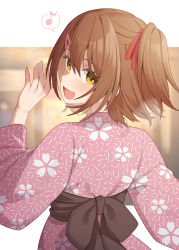 Rule 34 | 1girl, binsen, blurry, blush, brown hair, floral print, from behind, hair ribbon, highres, idolmaster, idolmaster million live!, indoors, japanese clothes, kasuga mirai, kimono, letterboxed, looking at viewer, looking back, musical note, obi, one side up, pink kimono, print kimono, ribbon, sash, smile, solo, spoken musical note, upper body, yellow eyes