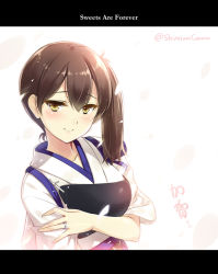 Rule 34 | 10s, 1girl, black hair, blush, brown eyes, character name, commentary request, hakama, hakama skirt, huyukaaki, japanese clothes, jewelry, kaga (kancolle), kantai collection, letterboxed, looking at viewer, muneate, petals, ring, side ponytail, skirt, smile, solo, tasuki, translation request, twitter username, wedding band