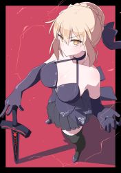 Rule 34 | &gt;:(, 1girl, akitokage, artoria pendragon (all), artoria pendragon (fate), bare shoulders, black border, black gloves, black skirt, black thighhighs, blonde hair, border, bow, braid, breasts, choker, cleavage, collarbone, commentary request, dress, elbow gloves, excalibur morgan (fate), fate/grand order, fate (series), french braid, from above, frown, gloves, hair bow, hands up, highres, holding, holding sword, holding weapon, large breasts, looking at viewer, outside border, pleated skirt, ribbon, saber alter, short hair, skirt, solo, sword, thighhighs, weapon, yellow eyes