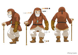 Rule 34 | 1boy, beard, cane, character sheet, english text, facial hair, from behind, jewelry, male focus, monaka (siromona), mustache, necklace, old, old man, simple background, solo, standing, the artisan (gnr), the girl and the robot, white background, white hair