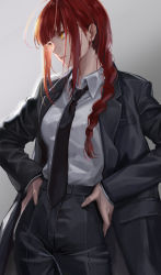 Rule 34 | 1girl, bell, black neckerchief, black pants, black suit, blunt bangs, braid, braided ponytail, chainsaw man, closed mouth, collared shirt, cowbell, formal, gradient background, hands on own hips, highres, long hair, looking to the side, m2 (guvn5745), makima (chainsaw man), neckerchief, pants, red hair, shirt, shirt tucked in, sidelocks, single braid, solo, suit, white shirt, yellow eyes