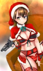 Rule 34 | 1girl, armchair, azuma itsuki, bow, bow bra, bra, breasts, brown eyes, brown hair, capelet, chair, christmas, cleavage, closed mouth, commentary, fingerless gloves, frilled bra, frills, fur-trimmed capelet, fur trim, gloves, gun, handgun, hat, highres, holding, holding gun, holding weapon, large breasts, lingerie, looking at viewer, microskirt, navel, on chair, panties, red bra, red capelet, red garter belt, red gloves, red hat, red panties, red skirt, red thighhighs, revolver, santa costume, santa hat, short hair, sitting, skirt, smile, solo, string panties, tapioca western, thighhighs, tokihama jirou, trigger discipline, underwear, weapon