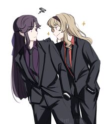 Rule 34 | 2girls, black gloves, black hairband, black jacket, black necktie, black pants, black suit, blonde hair, brown hair, closed mouth, collared shirt, commentary, cowboy shot, eye contact, formal, gloves, hairband, hand on another&#039;s shoulder, highres, jacket, long hair, looking at another, multiple girls, necktie, pants, purple eyes, purple shirt, red eyes, red shirt, rtf 11th, saijou claudine, shirt, shoujo kageki revue starlight, simple background, smile, sparkle, squiggle, suit, suit jacket, tendou maya, twitter username, white background