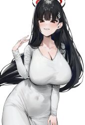 Rule 34 | 1girl, absurdres, black hair, blue archive, blush, breasts, cleavage, covered navel, dress, grey dress, grin, halo, highres, large breasts, long hair, looking at viewer, poharo, red eyes, rio (blue archive), simple background, smile, solo, white background