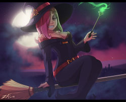 Rule 34 | 1girl, 2018, bare shoulders, breasts, broom, broom riding, commentary, english commentary, gehn94, glowing, hair over one eye, half-closed eyes, halloween, hat, highres, light, little witch academia, long hair, luna nova school uniform, magic, medium breasts, moon, moonlight, pink hair, red eyes, school uniform, sharp teeth, signature, smile, solo, sucy manbavaran, teeth, wand, witch, witch hat