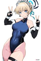 Rule 34 | 1girl, absurdres, aiuti, black gloves, blonde hair, blue archive, blue eyes, braid, bun cover, double v, earpiece, elbow gloves, expressionless, fingerless gloves, gloves, hair bun, halo, heattech leotard, highleg, highleg leotard, highres, leotard, looking at viewer, maid headdress, microphone, multicolored hair, short hair, simple background, sleeveless, sleeveless turtleneck, solo, streaked hair, toki (blue archive), turtleneck, v, white background