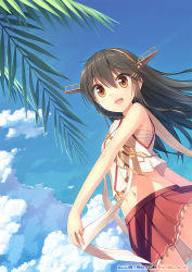 Rule 34 | 10s, 1girl, :d, artist name, bare shoulders, black hair, blue sky, brown eyes, day, hair ornament, hairclip, haruna (kancolle), headgear, jewelry, kantai collection, kuro-kun (nablack), long hair, looking at viewer, midriff, navel, nontraditional miko, open mouth, palm tree, pleated skirt, red skirt, ring, sarashi, skirt, sky, sleeveless, smile, solo, tree