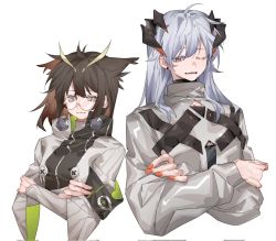 Rule 34 | 2girls, ahoge, arknights, brown eyes, brown hair, buttons, coat, crossed arms, dragon horns, glasses, grey hair, highres, horns, long hair, looking at viewer, molu stranger, multiple girls, nail polish, one eye closed, orange nails, owl ears, saria (arknights), short hair, silence (arknights), simple background, upper body, white background, white coat
