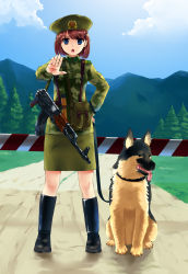 Rule 34 | 1girl, ak-47, akm, akms, ammunition pouch, assault rifle, blue eyes, blush, boots, brown hair, buttoned cuffs, buttons, cloud, collared jacket, day, dog, gate, green hat, gun, gun sling, hair ornament, hairclip, hammer and sickle, hand on own hip, hat, hip focus, jacket, kalashnikov rifle, leash, military, military jacket, military uniform, mizuki (mizuki ame), mountain, open mouth, outstretched hand, pouch, red star, rifle, road, serious, skirt, sky, solo, soviet, star (symbol), tongue, tree, uniform, weapon