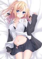Rule 34 | 1girl, bed sheet, black bow, black bra, black cardigan, black panties, black skirt, blonde hair, blue eyes, blue nails, blush, bow, bra, braid, breasts, cardigan, cleavage, collared shirt, commentary request, dress shirt, facial mark, fingernails, groin, hair between eyes, hair bow, hand up, highres, long hair, long sleeves, looking at viewer, lying, medium breasts, nail polish, navel, on back, open cardigan, open clothes, open skirt, original, panties, pleated skirt, shirt, side braids, skirt, sleeves past wrists, solo, twin braids, underwear, white shirt, yoye (pastel white)