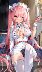 Rule 34 | 1girl, absurdres, azur lane, black panties, breasts, cameltoe, choker, cleavage, collar, gloves, hat, highres, id card, indoors, infirmary, kyonta, large breasts, leaning back, looking at viewer, naughty face, needle, nurse, nurse cap, open clothes, panties, perseus (azur lane), perseus (unfamiliar duties) (azur lane), pink eyes, pink gloves, pink hair, revealing clothes, seductive smile, smile, solo, thighhighs, thighs, underwear, white thighhighs