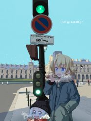 Rule 34 | 2girls, ahoge, backlighting, bad perspective, beanie, black headwear, blonde hair, blue eyes, blue sky, breath, building, child, city, cityscape, coat, copyright name, d:, day, dot nose, enpera, eyebrows, food, french text, from side, fur-trimmed coat, fur trim, hand in pocket, hat, holding, holding food, lamppost, long hair, long sleeves, looking away, multiple girls, new game!, no lineart, no parking sign, no symbol, open mouth, outdoors, red scarf, road sign, round teeth, sandwich, scarf, shadow, sign, sky, tareme, teeth, tokunou shoutarou, traffic light, tsurime, upper teeth only, white hair, winter clothes, yagami kou