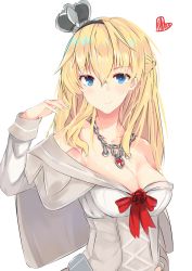 Rule 34 | 10s, 1girl, arm up, bare shoulders, blonde hair, blue eyes, blush, bow, braid, breasts, cleavage, closed mouth, collarbone, crown, dress, england, flower, french braid, hand on own hip, heart, jewelry, kantai collection, long hair, long sleeves, looking at viewer, medium breasts, mini crown, moonlaw, off-shoulder dress, off shoulder, pendant, red bow, red rose, rose, simple background, smile, solo, warspite (kancolle), white background, white dress
