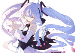 Rule 34 | 1girl, :d, ^ ^, ahoge, bare shoulders, black bow, black shirt, blue hair, blush, bow, closed eyes, commentary request, detached sleeves, dress, facing viewer, hair between eyes, hair ornament, hands up, hatsune miku, head tilt, headphones, long hair, long sleeves, open mouth, petals, pleated skirt, round teeth, shirt, skirt, sleeveless, sleeveless dress, smile, solo, steepled fingers, striped, striped bow, taka (0taka), teeth, twintails, upper teeth only, very long hair, vocaloid, white background, white skirt, white sleeves