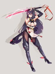 Rule 34 | 1girl, bare shoulders, black hair, black pantyhose, breasts, character request, choudan, cleavage cutout, clothing cutout, fighting stance, grey background, highres, iron saga, large breasts, looking at viewer, mechanical legs, medium breasts, oboro (iron saga), panties, panties under pantyhose, pantyhose, red eyes, sheath, solo, standing, sword, underwear, weapon
