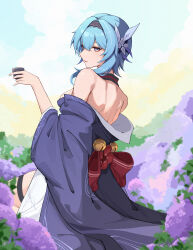 Rule 34 | 1girl, absurdres, alternate costume, bare back, bare shoulders, bell, blue hair, blue kimono, blue sky, commentary request, cup, day, eula (genshin impact), flower, genshin impact, grey hairband, hair ornament, hairband, highres, holding, holding cup, japanese clothes, jingle bell, kazezz, kimono, looking at viewer, off shoulder, outdoors, purple eyes, purple flower, sitting, sky, solo, thigh strap