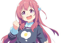 Rule 34 | 1girl, brown hair, clenched hand, clip studio paint (medium), collared shirt, egg, fist pump, girlish number, hair tie, karasuma chitose (girlish number), long hair, open mouth, shirt, simple background, solo, sweater, tomato (lsj44867), white background