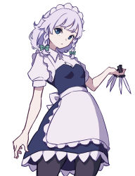 Rule 34 | 1girl, absurdres, apron, between fingers, black pantyhose, blue eyes, bow, braid, closed mouth, cowboy shot, green bow, hair bow, highres, holding, holding knife, izayoi sakuya, kame (kamepan44231), knife, looking at viewer, maid, medium hair, one-hour drawing challenge, pantyhose, puffy short sleeves, puffy sleeves, short sleeves, side braids, simple background, solo, standing, touhou, twin braids, waist apron, white apron, white background