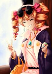 Rule 34 | 1girl, bag, black hat, closed eyes, commentary, drill hair, english commentary, hat, highres, jewelry, orange hair, pendant, smacphadraig, smile, solo, top hat, touhou, twin drills, upper body, v, yorigami jo&#039;on
