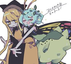 Rule 34 | 2girls, antennae, aqua hair, black headwear, blonde hair, blush, butterfly wings, closed eyes, cosmicmind, dated, dress, eternity larva, fairy, fewer digits, green dress, hair between eyes, hat, insect wings, leaf, leaf on head, long hair, matara okina, multicolored clothes, multicolored dress, multiple girls, one-hour drawing challenge, open mouth, orange sleeves, short hair, short sleeves, signature, simple background, smile, tabard, touhou, white background, wings, yellow eyes