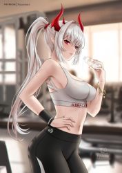 Rule 34 | 1girl, artist name, blurry, blurry background, blush, breasts, dragon, eirwen (ryuuneart), grey hair, gym, hair ornament, highres, holding, large breasts, legs, long hair, looking at viewer, medium breasts, navel, original, pants, parted lips, red eyes, ryuuneart, smile, solo, sports bra, sweat, wristband