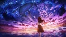 Rule 34 | 1girl, ahoge, arm at side, bare legs, black sailor collar, black skirt, brown hair, cloud, cloudy sky, commentary, dusk, evening, facing away, fantasy, floating hair, floral print, flying whale, from behind, highres, lake, long hair, long skirt, milky way, original, outdoors, pleated skirt, print shirt, reflection, reflective water, ripples, sailor collar, scenery, school uniform, serafuku, shading eyes, shirt, signature, skirt, sky, solo, star (sky), starry sky, straight hair, vinci v7, wading, whale, white shirt, wide shot