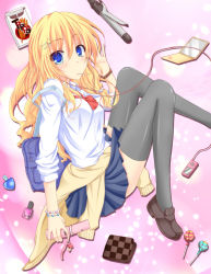 Rule 34 | 1girl, alternate costume, blonde hair, blue eyes, cellphone, cellphone charm, cellphone strap, charm (object), colorized, female focus, flask (pandora), food, highres, kirisame marisa, noumin, phone, pocky, school uniform, sleeves pushed up, solo, thighhighs, touhou