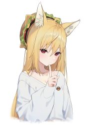 Rule 34 | 1girl, :3, absurdres, ahoge, animal ear fluff, animal ears, blonde hair, blush, closed mouth, cropped torso, food-themed clothes, hair between eyes, hat, highres, long hair, long sleeves, looking at viewer, original, puffy long sleeves, puffy sleeves, red eyes, shirt, simple background, sleeves past wrists, solo, syhan, upper body, very long hair, white background, white shirt