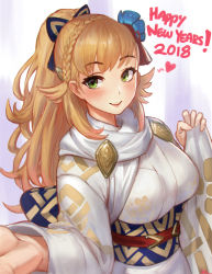 Rule 34 | 1girl, 2018, alternate hairstyle, artnohearts, blush, bow, braid, fire emblem, fire emblem heroes, flower, french braid, green eyes, hair flower, hair ornament, happy new year, new year, nintendo, official alternate costume, ponytail, sharena (fire emblem), solo, upper body