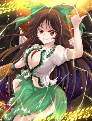 Rule 34 | 1girl, arm cannon, bad id, bad twitter id, bird wings, black wings, blouse, bow, brown hair, center frills, collared shirt, fingernails, frilled shirt collar, frilled skirt, frills, green bow, green skirt, hair bow, highres, long fingernails, long hair, nails, pointing, pointing up, ponytail, puffy short sleeves, puffy sleeves, radiation symbol, red eyes, reijing etrn, reiuji utsuho, shirt, short sleeves, skirt, solo, third eye, torn clothes, touhou, weapon, white shirt, wings