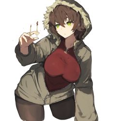 Rule 34 | 1girl, black pantyhose, breasts, brown hair, closed mouth, coat, cropped legs, fur trim, green eyes, hair between eyes, hand up, highres, holding, hood, hood up, lansane, large breasts, leaning forward, original, pantyhose, red pupils, red shirt, shirt, signature, simple background, solo, spore (lansane), standing, white background