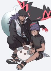 Rule 34 | 2boys, baseball cap, black shirt, brothers, commentary request, creatures (company), dark-skinned male, dark skin, dragapult, facial hair, game freak, gen 8 pokemon, hat, highres, holding, holding pokemon, hop (pokemon), jacket, korean commentary, leon (pokemon), long hair, male focus, mikripkm, multiple boys, nintendo, pants, pokemon, pokemon (anime), pokemon (creature), pokemon journeys, pokemon swsh, pokemon swsh043, popped collar, purple hair, sandals, shirt, short hair, short sleeves, shorts, siblings, sitting, toes, white background, wooloo, yellow eyes