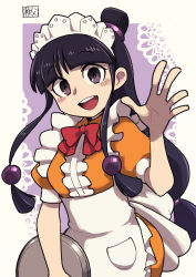 Rule 34 | 1girl, ace attorney, apron, artist name, black hair, blunt bangs, blush, bow, bowtie, brown eyes, center frills, chichibu (watson), commentary, commission, dress, frills, hair ornament, hand up, highres, holding, holding tray, long hair, looking at viewer, low-tied long hair, maid headdress, maya fey, official alternate costume, open mouth, orange dress, phoenix wright: ace attorney - trials and tribulations, purple background, red bow, red bowtie, short sleeves, smile, solo, teeth, tray, upper body, upper teeth only, waitress
