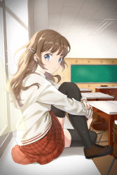 Rule 34 | 1girl, black thighhighs, blue eyes, blurry, brown footwear, brown hair, ceiling, chair, chalkboard, classroom, cross-laced footwear, curtains, depth of field, desk, expressionless, fingernails, fluorescent lamp, hair ornament, hairclip, hand on own wrist, hugging own legs, knees up, light particles, long hair, looking at viewer, original, plaid, plaid skirt, red skirt, school desk, school uniform, sidelighting, sitting, skirt, solo, sweater, thighhighs, unya (unya-unya), very long hair, white sweater, wind, windowsill