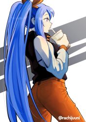 Rule 34 | 1girl, alternate hairstyle, ass, blue eyes, blue hair, borrowed character, bubble tea, clothing cutout, commentary, cup, denim, detached sleeves, disposable cup, drinking straw, english commentary, flat ass, from behind, highres, holding, holding cup, long hair, bae minah (chaesu), orange pants, original, pants, pantylines, rachijuuni, shoulder cutout, sidelocks, solo, split ponytail, very long hair