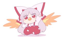 Rule 34 | 1girl, arm up, bow, chibi, fujiwara no mokou, guuchama, hand up, long hair, long sleeves, looking at viewer, multicolored bow, pacifier, pants, phoenix wings, red bow, red eyes, red pants, shirt, shoes, silver hair, simple background, solo, standing, touhou, white background, white bow, white footwear, white shirt, white sleeves, wings