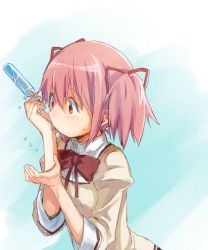 Rule 34 | 10s, 1girl, bad id, bad pixiv id, dripping, food, hair ribbon, kaname madoka, licking, licking hand, mahou shoujo madoka magica, mahou shoujo madoka magica (anime), pink eyes, pink hair, popsicle, ribbon, school uniform, short twintails, sleeves pushed up, solo, twintails, yoplait