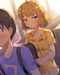 Rule 34 | 1boy, 1girl, :o, ahoge, backpack, bag, black hair, blue eyes, blue shirt, blush, brown hair, chair, closed mouth, clothes grab, commentary request, desk, dress, floral print, flower, grey eyes, hair flower, hair ornament, highres, idolmaster, idolmaster million live!, indoors, layered sleeves, long sleeves, original, parted lips, print dress, school chair, school desk, seneto, shirt, short over long sleeves, short sleeves, sleeve grab, solo focus, suou momoko, white flower, window, yellow dress