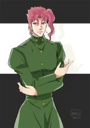 Rule 34 | 1boy, black background, blue eyes, closed mouth, coat, cropped arms, earrings, green coat, hair intakes, half-closed eyes, jewelry, jojo no kimyou na bouken, kakyoin noriaki, long sleeves, looking at viewer, male focus, mechakucha, pink hair, short hair, sketch, smile, solo, standing, stardust crusaders, two-tone background, white background
