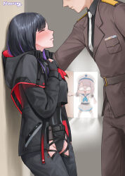 1boy 2girls :d belt beret black_gloves black_hair blush breasts closed_eyes commander_(nikke) eunhwa_(nikke) glasses gloves goddess_of_victory:_nikke grey_hair hat hetero highres hood hooded_jacket jacket long_hair military_uniform multicolored_hair multiple_girls necktie neon_(nikke) noorung open_mouth pleated_skirt purple_hair school_uniform serafuku skirt smile streaked_hair thighhighs two-tone_hair white_thighhighs