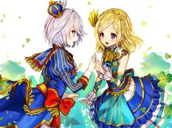 Rule 34 | 2girls, :d, bad id, bad twitter id, blonde hair, blue coat, blue dress, braid, clover, coat, cowboy shot, crown, crown braid, dress, eye contact, face-to-face, gambe, gloves, gold trim, green eyes, grey hair, hair between eyes, hand up, holding hands, idol clothes, juliet sleeves, long hair, long sleeves, looking at another, midorikaze fuwari, mini crown, multiple girls, open mouth, pretty series, pripara, puffy sleeves, purple eyes, reverse trap, shikyoin hibiki, short hair, smile, standing, swept bangs, white background, white gloves
